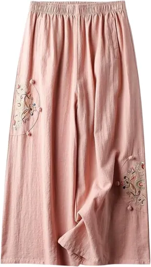 Womens Linen Pants Summer Casual Loose Beach Pants 2025 Vintage Embroidery Wide Leg Pants High Waist Palazzo Lounge