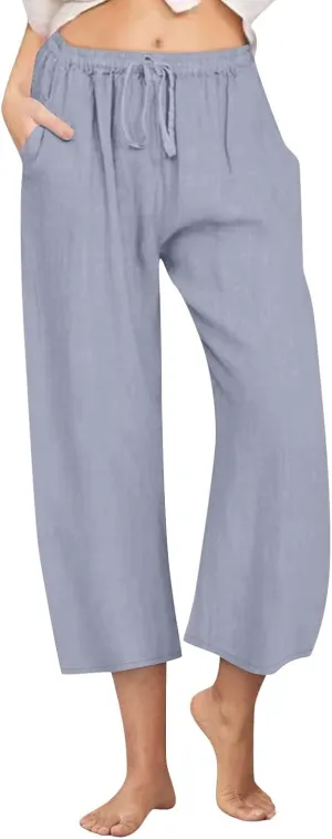 Womens Linen Pants Summer Wide Leg Lounge Cropped Pants with Pockets Drawstring Elastic Waist Beach Trousers 2025