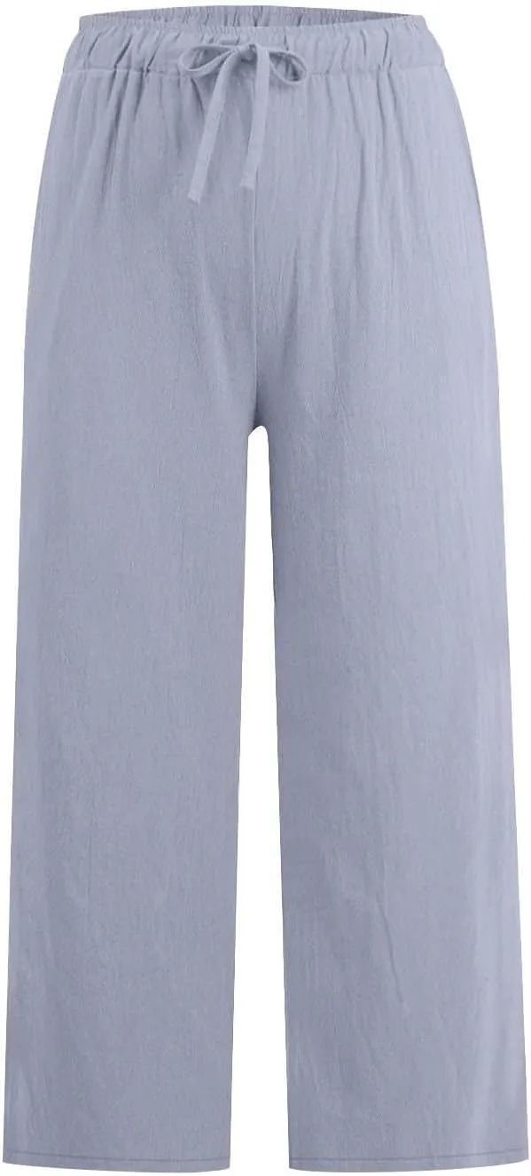 Womens Linen Pants Summer Wide Leg Lounge Cropped Pants with Pockets Drawstring Elastic Waist Beach Trousers 2025