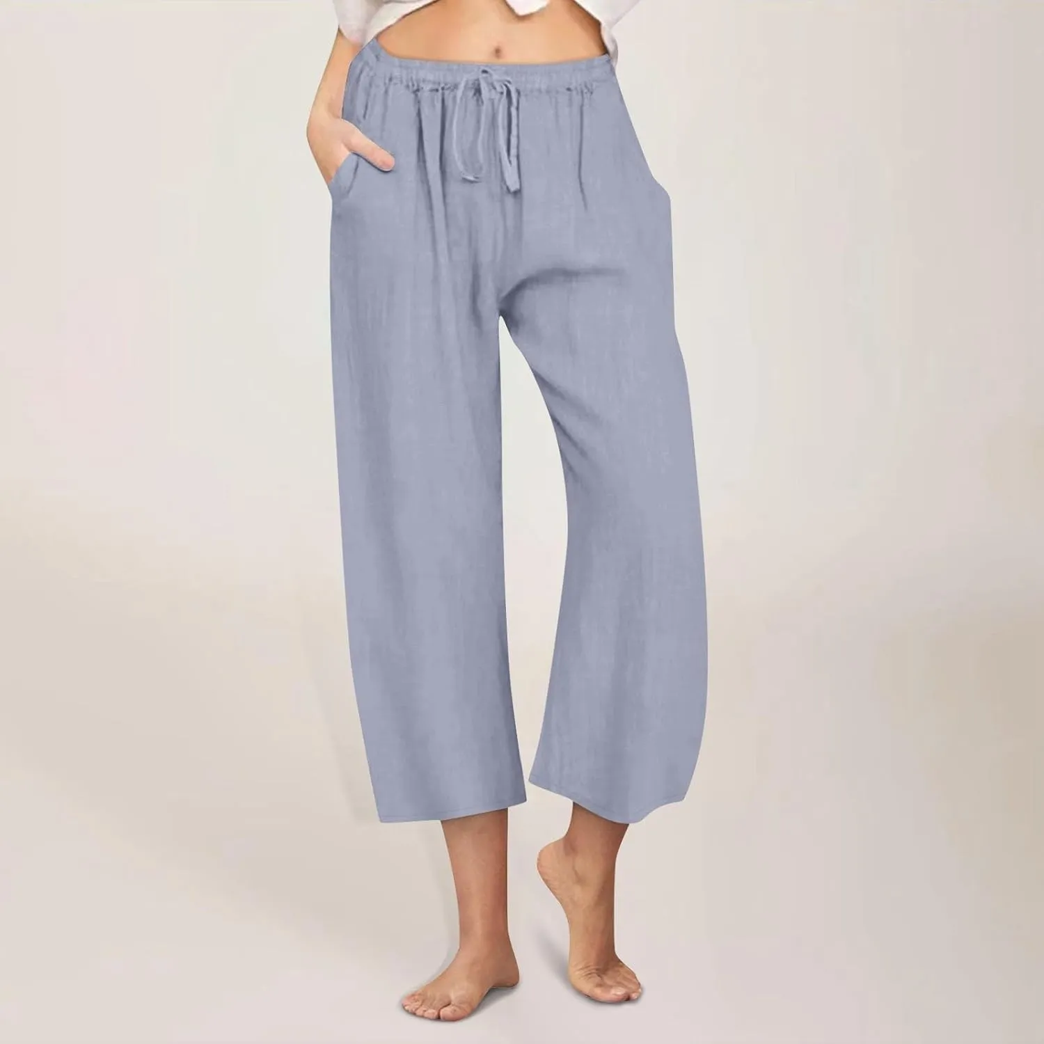Womens Linen Pants Summer Wide Leg Lounge Cropped Pants with Pockets Drawstring Elastic Waist Beach Trousers 2025