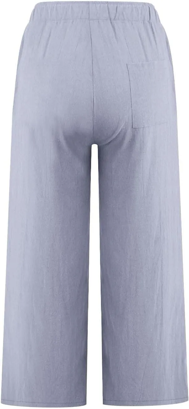 Womens Linen Pants Summer Wide Leg Lounge Cropped Pants with Pockets Drawstring Elastic Waist Beach Trousers 2025