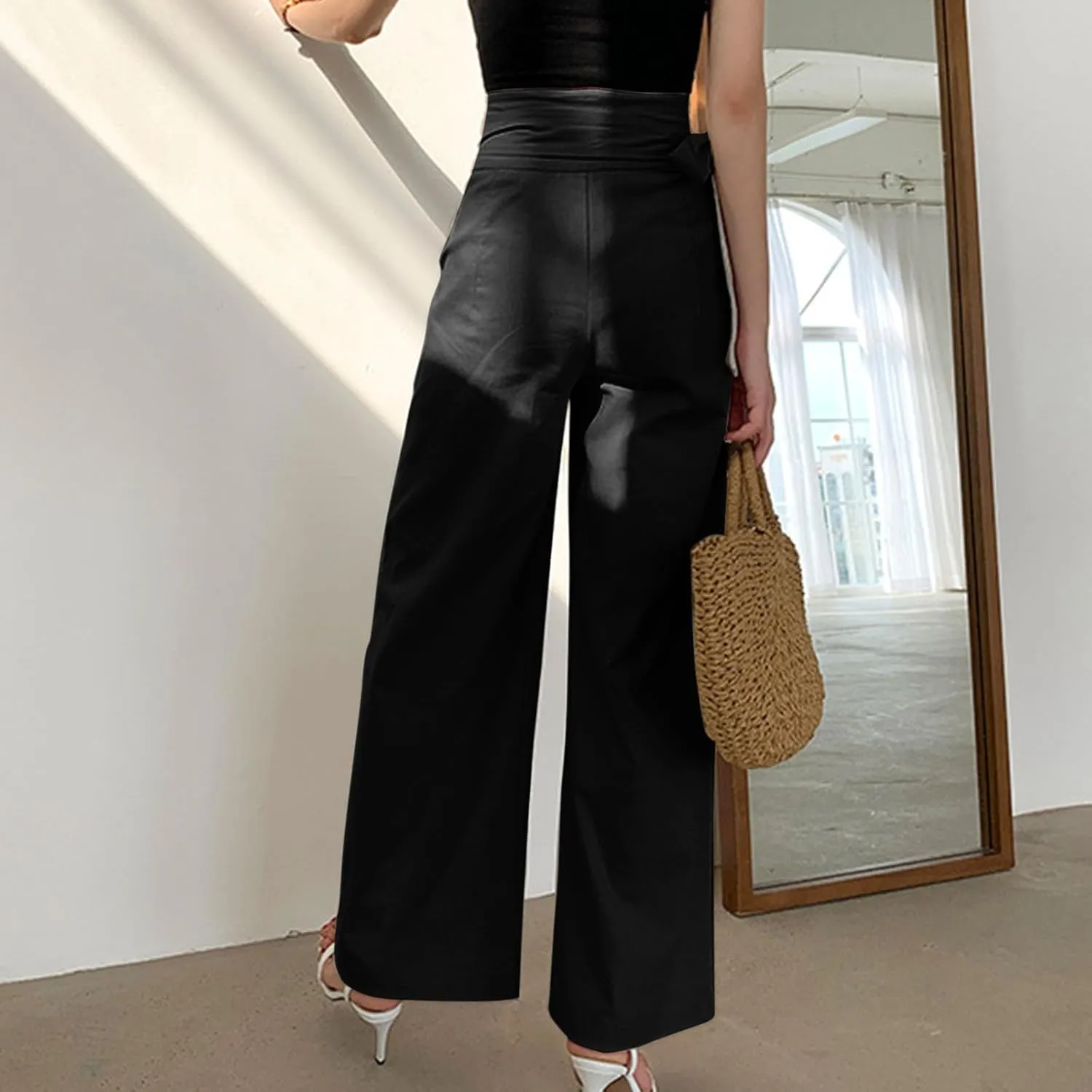 Womens Linen Pants Wide Leg High Waisted Palazzo Vacation Pants with Adjustable Tie Belt Casual Solid Summer Trousers