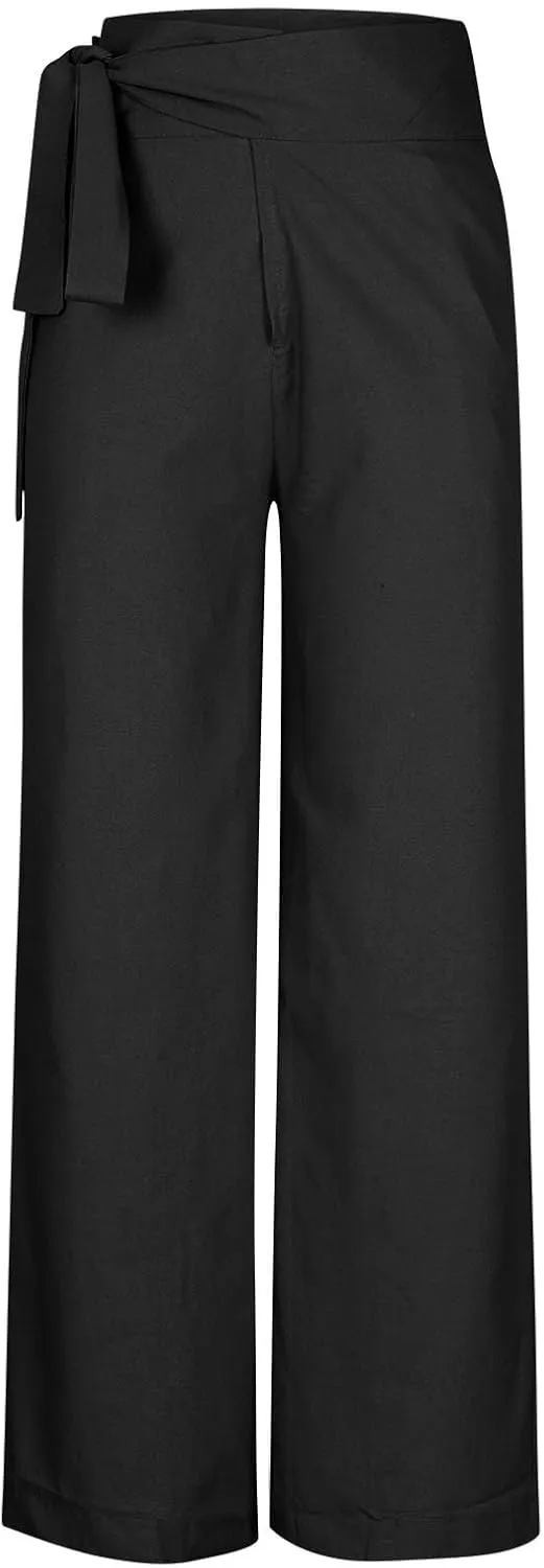 Womens Linen Pants Wide Leg High Waisted Palazzo Vacation Pants with Adjustable Tie Belt Casual Solid Summer Trousers