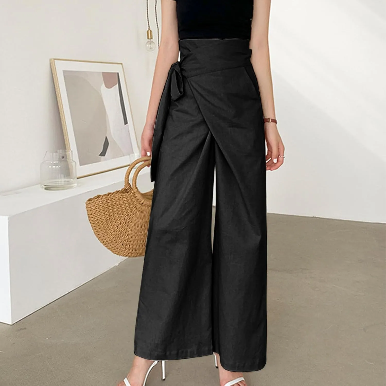 Womens Linen Pants Wide Leg High Waisted Palazzo Vacation Pants with Adjustable Tie Belt Casual Solid Summer Trousers