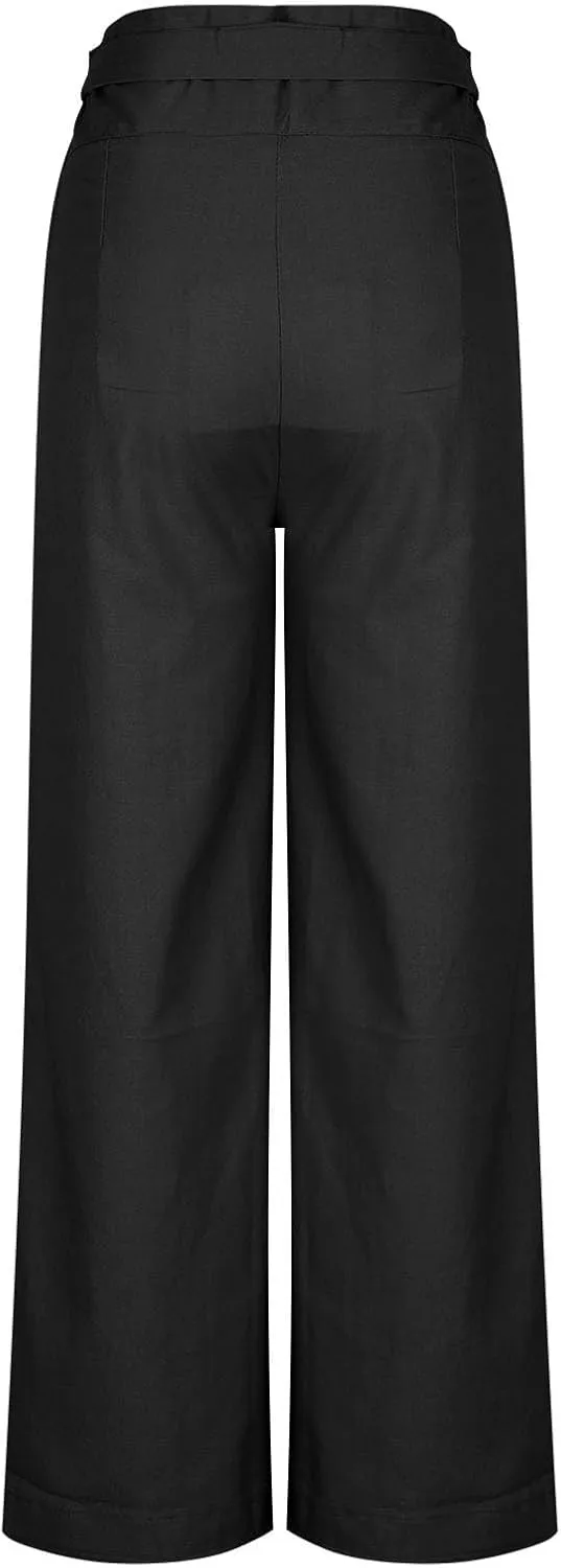 Womens Linen Pants Wide Leg High Waisted Palazzo Vacation Pants with Adjustable Tie Belt Casual Solid Summer Trousers