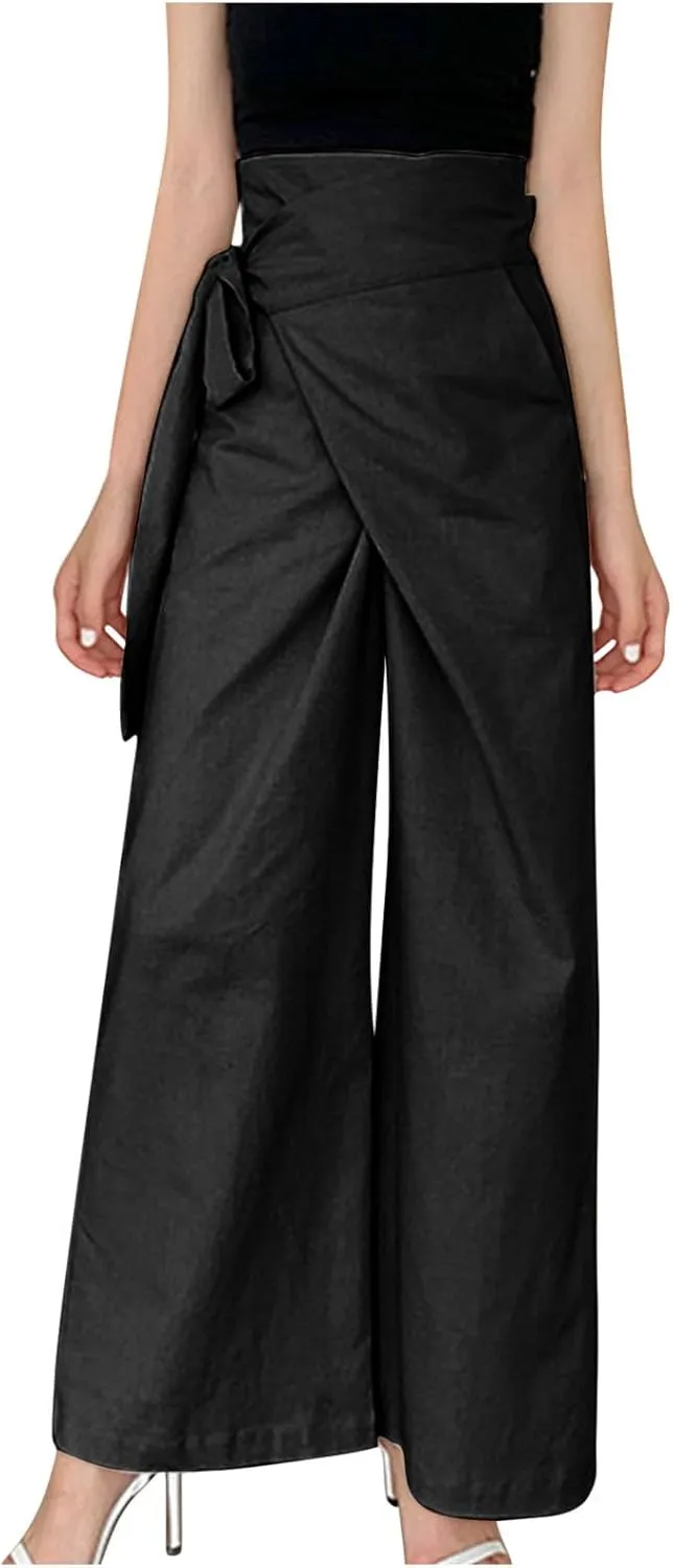 Womens Linen Pants Wide Leg High Waisted Palazzo Vacation Pants with Adjustable Tie Belt Casual Solid Summer Trousers