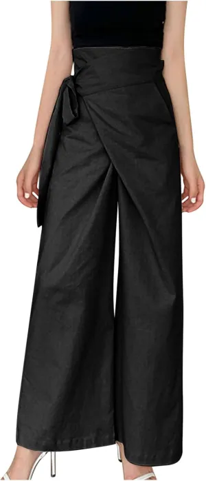 Womens Linen Pants Wide Leg High Waisted Palazzo Vacation Pants with Adjustable Tie Belt Casual Solid Summer Trousers
