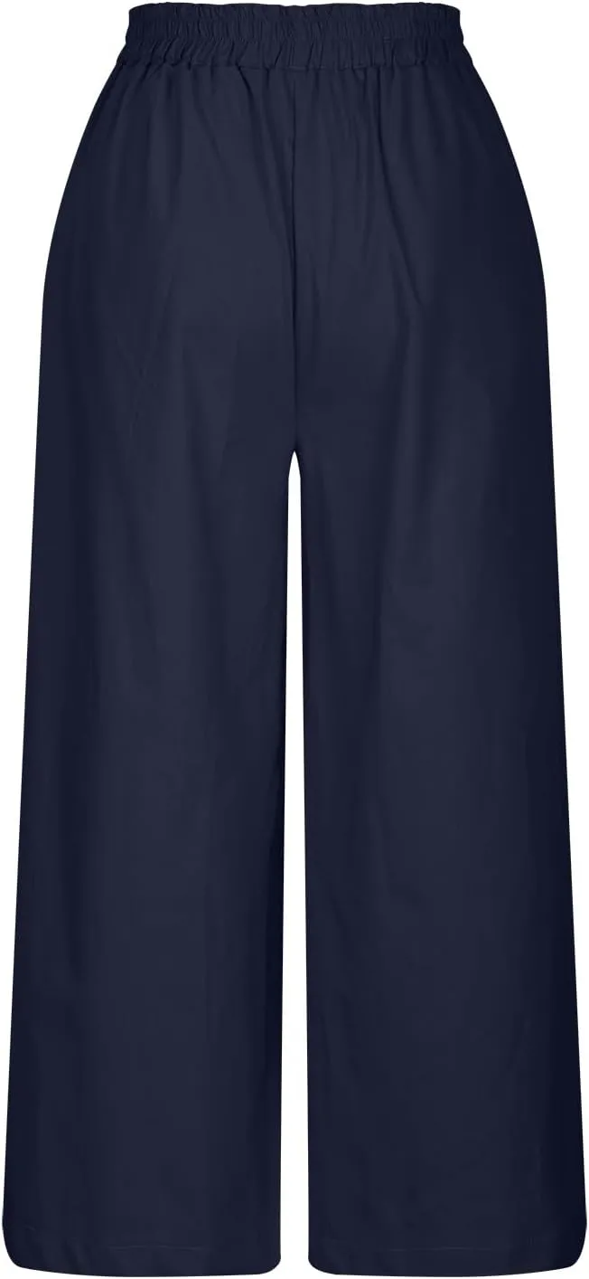 Womens Linen Pants Wide Leg Pants Casual Solid Color Trousers Work Suit Pants with Pockets Summer Outfits for Women