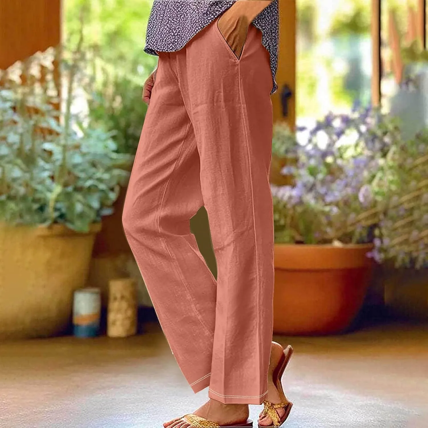 Womens Linen Pants with Pockets Lounge Pants 2025 High Waist Pants Comfy Gauze Pants Casua Lightweight Loose Trousers