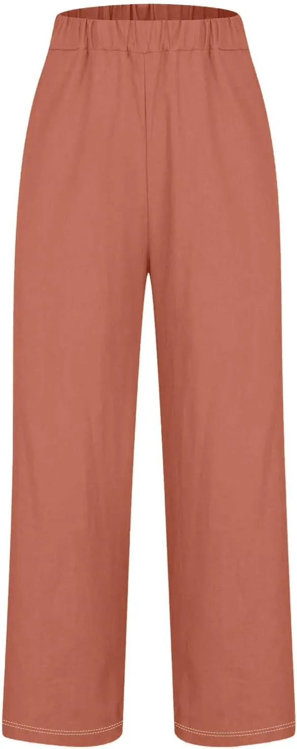 Womens Linen Pants with Pockets Lounge Pants 2025 High Waist Pants Comfy Gauze Pants Casua Lightweight Loose Trousers