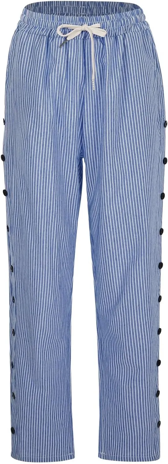Womens Linen Pants with Pockets Striped Casual Pants Beach Trousers 2025 Women's High Waist Elastic Drawstring Pants