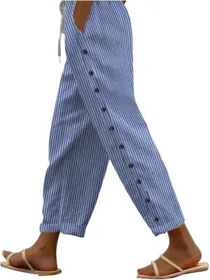 Womens Linen Pants with Pockets Striped Casual Pants Beach Trousers 2025 Women's High Waist Elastic Drawstring Pants