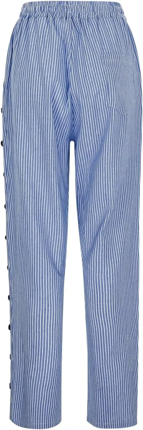Womens Linen Pants with Pockets Striped Casual Pants Beach Trousers 2025 Women's High Waist Elastic Drawstring Pants