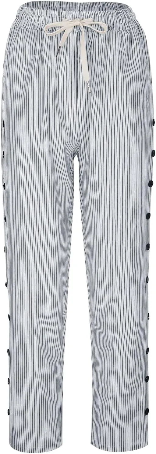 Womens Linen Pants with Pockets Striped Casual Pants Beach Trousers 2025 Women's High Waist Elastic Drawstring Pants