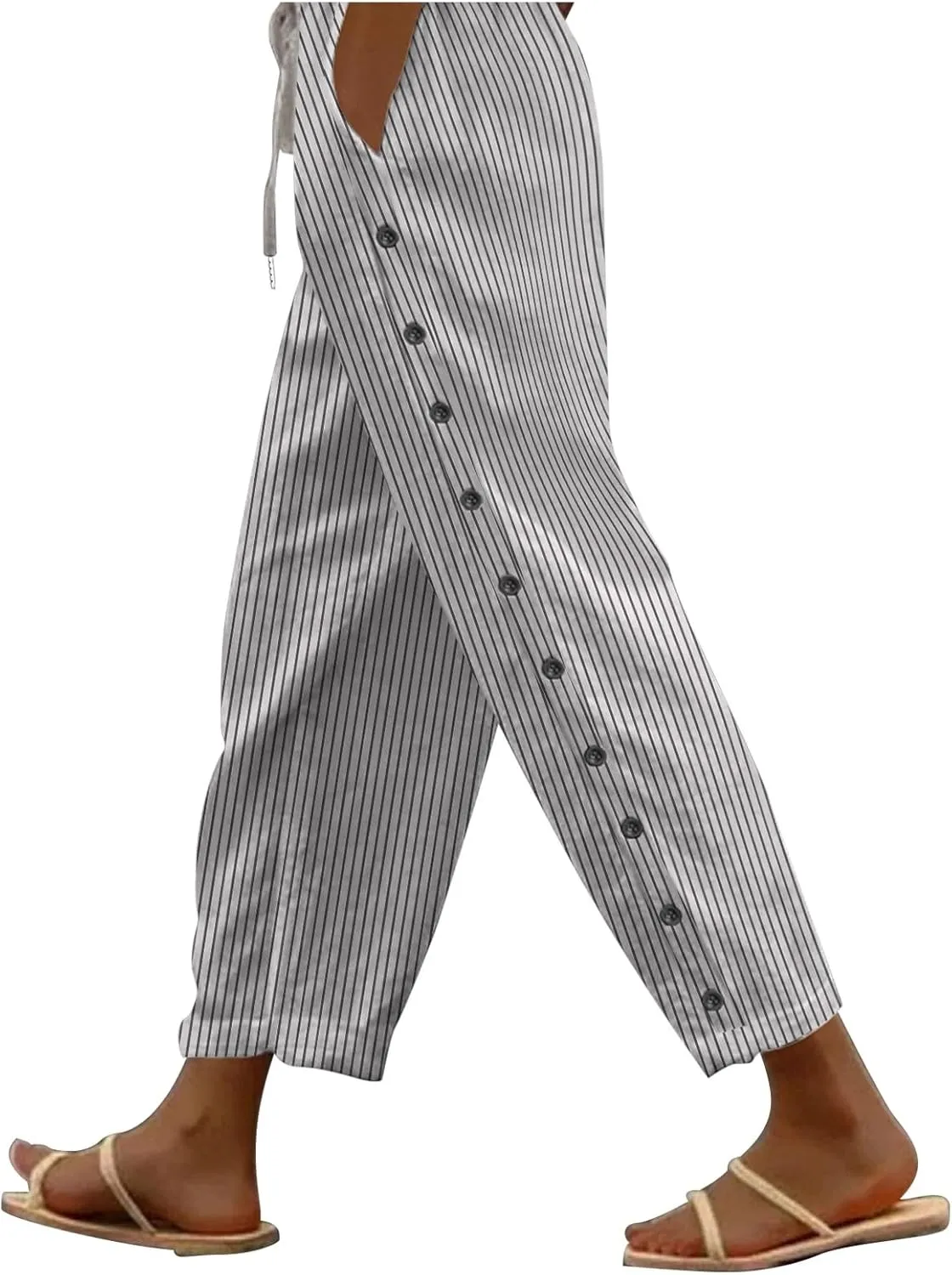 Womens Linen Pants with Pockets Striped Casual Pants Beach Trousers 2025 Women's High Waist Elastic Drawstring Pants