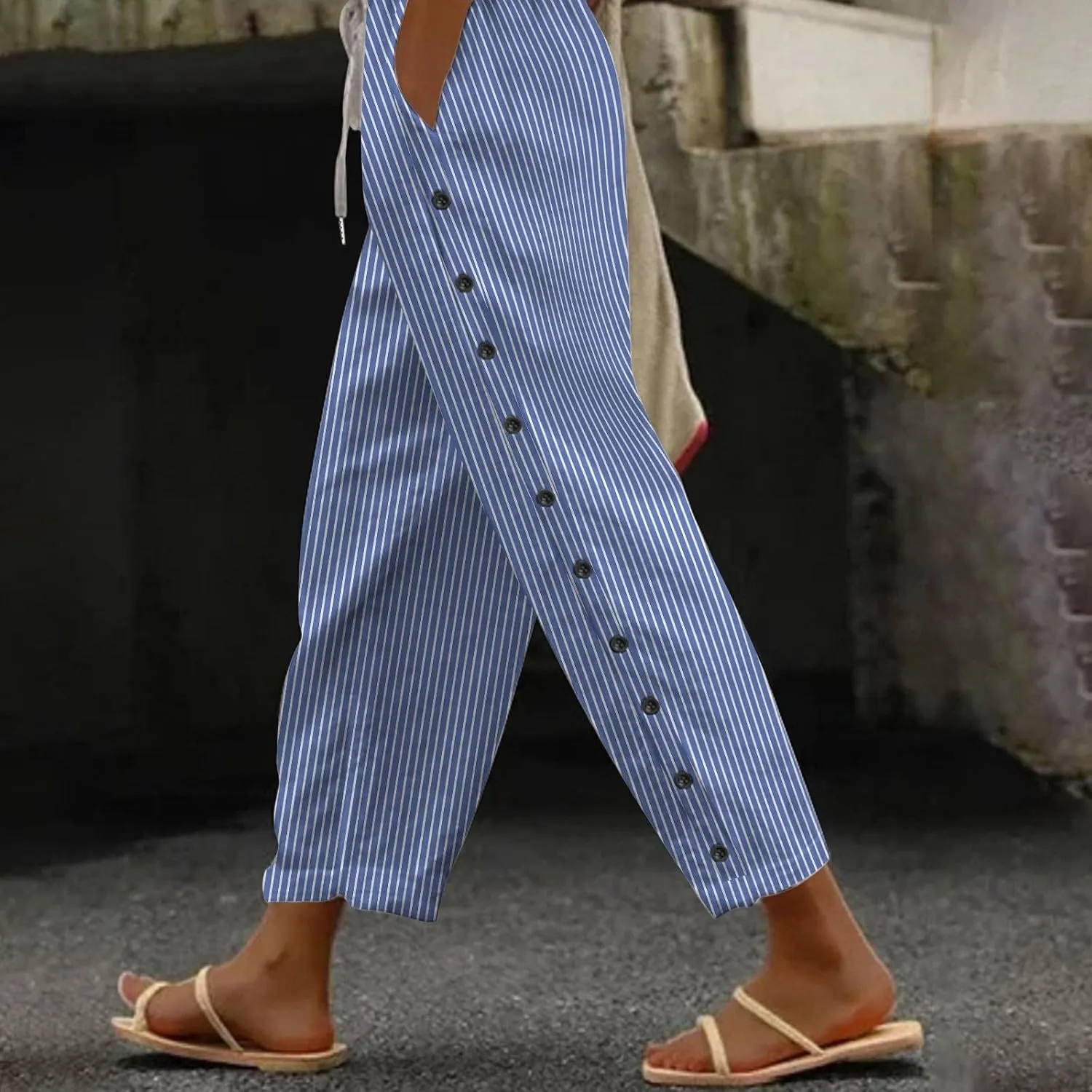 Womens Linen Pants with Pockets Striped Casual Pants Beach Trousers 2025 Women's High Waist Elastic Drawstring Pants