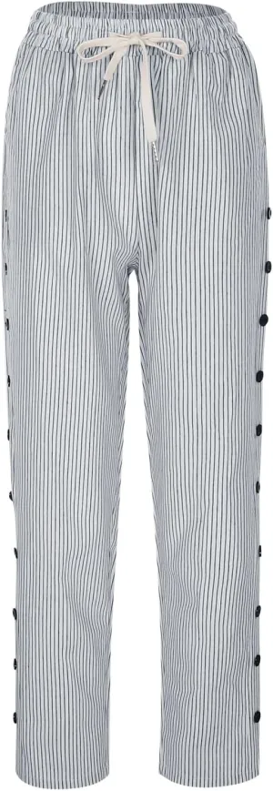Womens Linen Pants with Pockets Striped Casual Pants Beach Trousers 2025 Women's High Waist Elastic Drawstring Pants