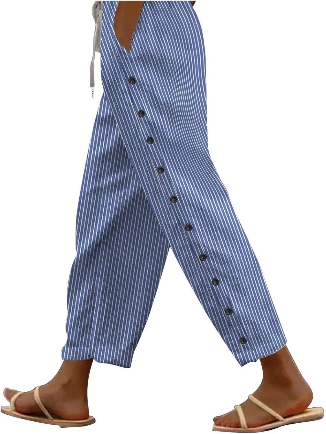 Womens Linen Pants with Pockets Striped Casual Pants Beach Trousers 2025 Women's High Waist Elastic Drawstring Pants
