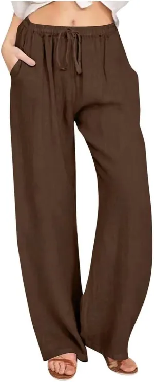 Women's Linen Summer Y2K Fashion Palazzo Pants Elastic Waisted Straight Plus Size Trouser Vacation