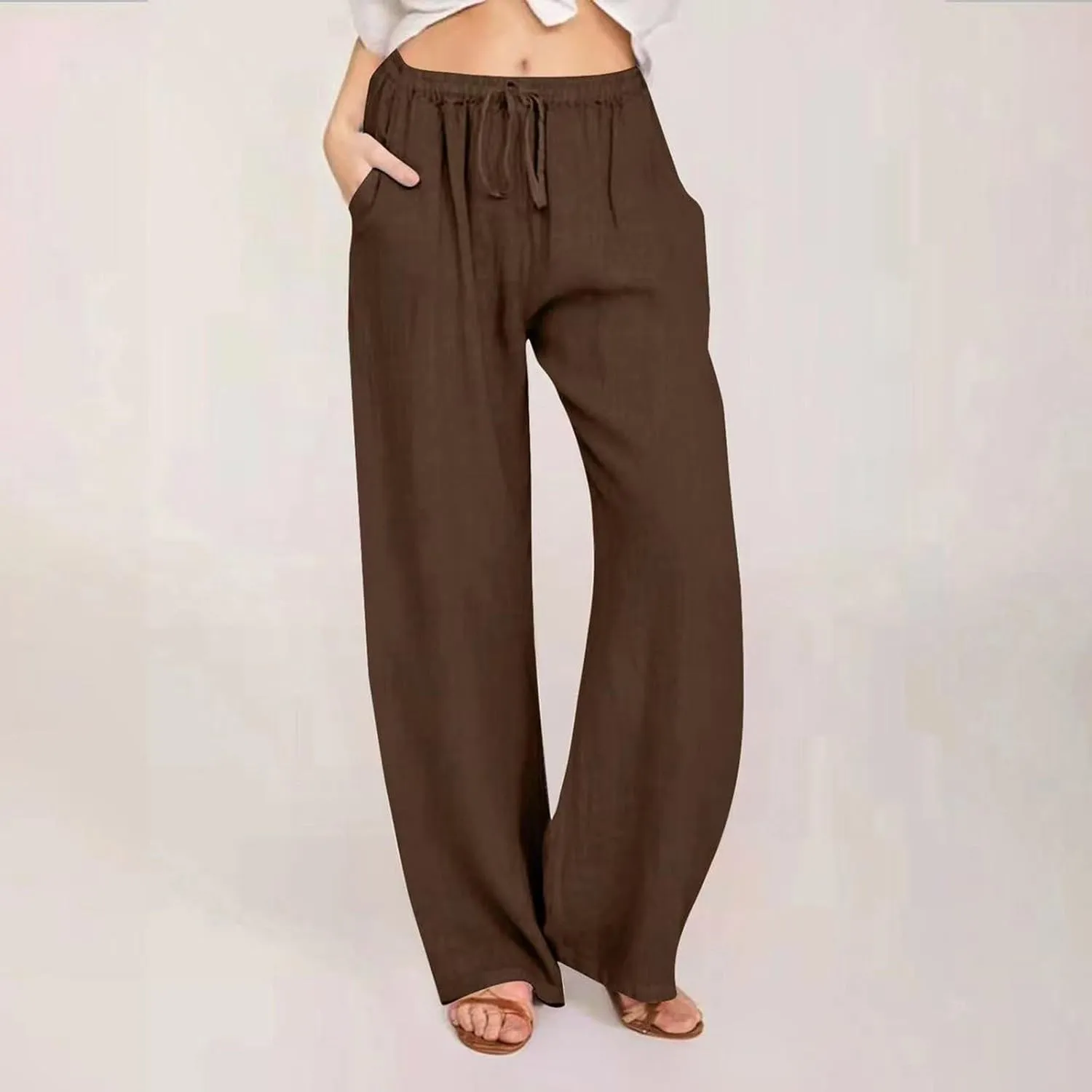 Women's Linen Summer Y2K Fashion Palazzo Pants Elastic Waisted Straight Plus Size Trouser Vacation
