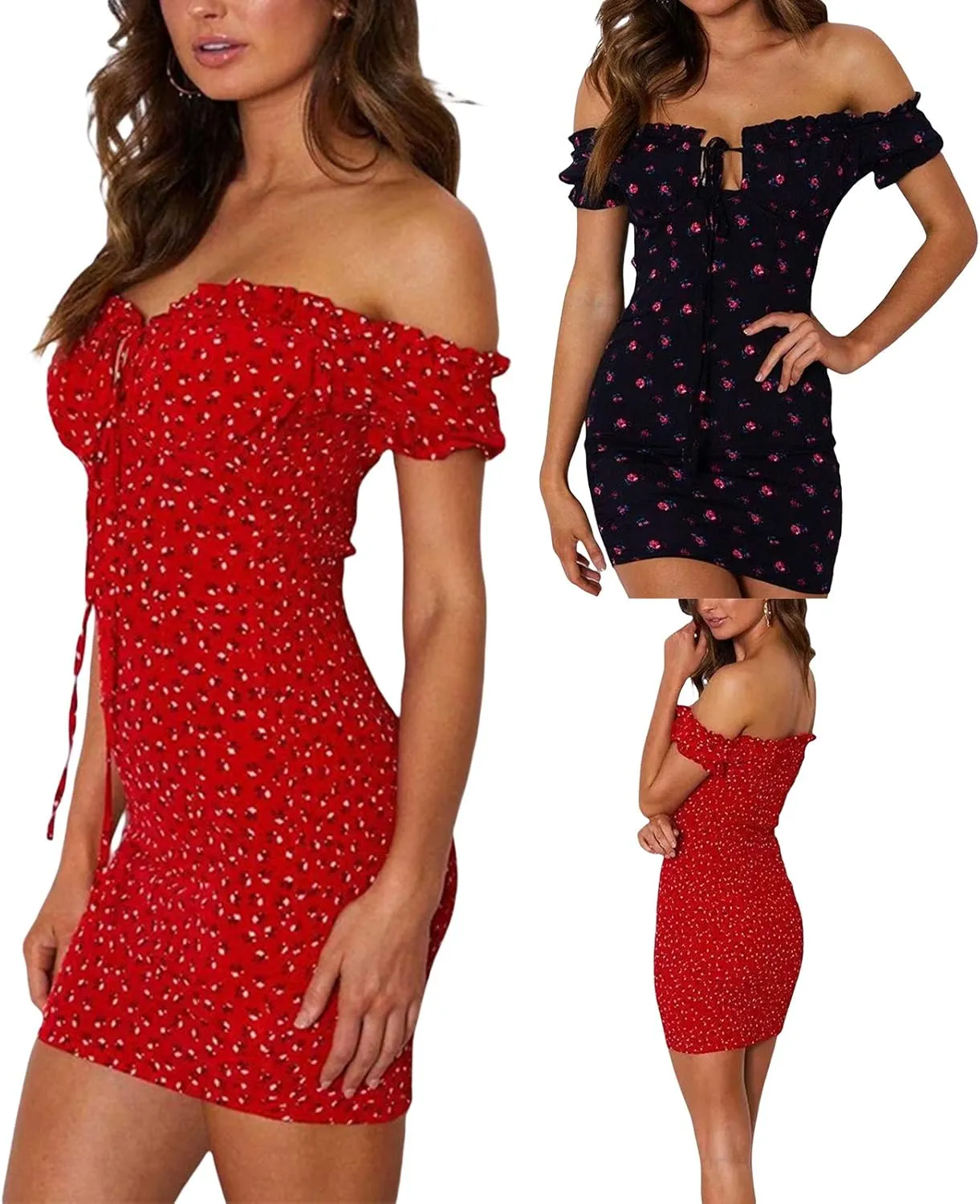 Women's Off Shoulder Ruffles Bodycon Mini Dress Sexy Summer Short Sleeve Cut Out Tie Front Floral Smocked Club Party Dress