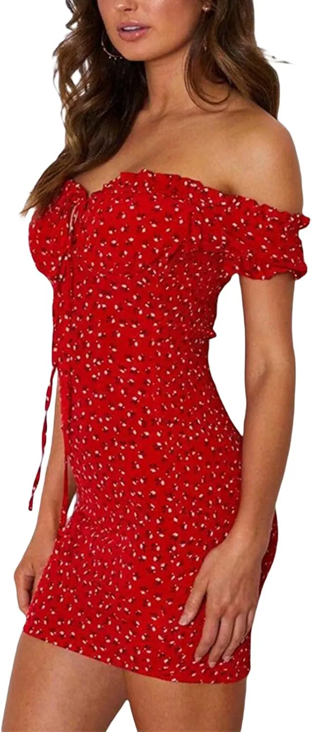 Women's Off Shoulder Ruffles Bodycon Mini Dress Sexy Summer Short Sleeve Cut Out Tie Front Floral Smocked Club Party Dress
