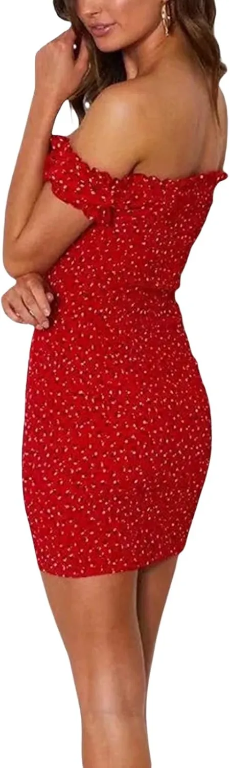Women's Off Shoulder Ruffles Bodycon Mini Dress Sexy Summer Short Sleeve Cut Out Tie Front Floral Smocked Club Party Dress