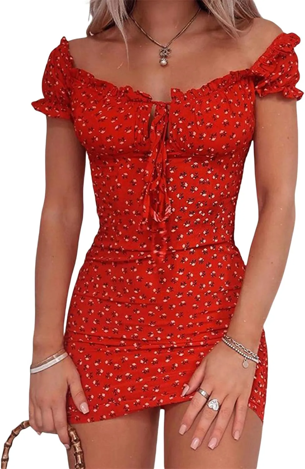Women's Off Shoulder Ruffles Bodycon Mini Dress Sexy Summer Short Sleeve Cut Out Tie Front Floral Smocked Club Party Dress