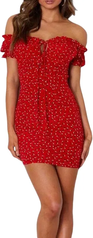 Women's Off Shoulder Ruffles Bodycon Mini Dress Sexy Summer Short Sleeve Cut Out Tie Front Floral Smocked Club Party Dress
