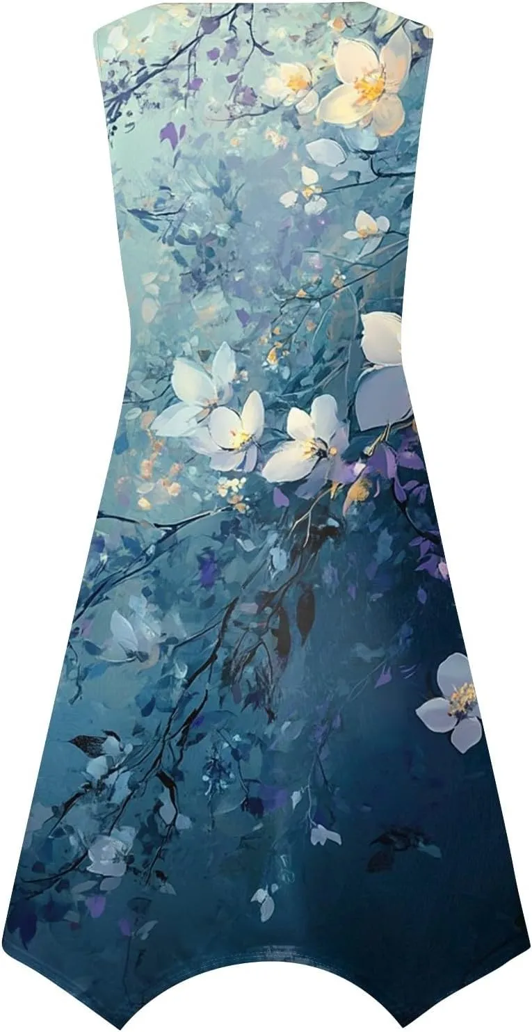 Womens Off Shoulder Sleeveless Midi Sundresses Smocked Flowy A Line Dress Formal Plus Size Casual Floral Tank Dress