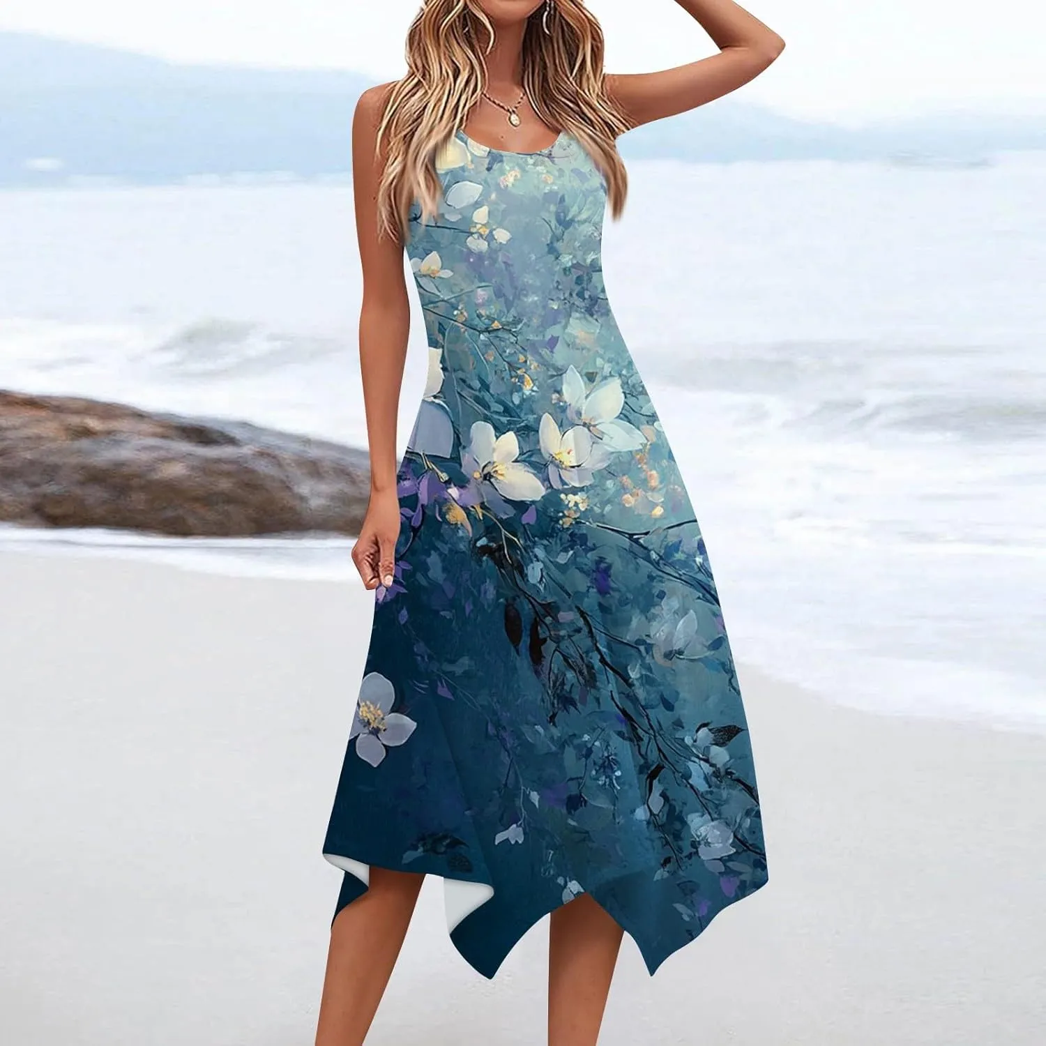 Womens Off Shoulder Sleeveless Midi Sundresses Smocked Flowy A Line Dress Formal Plus Size Casual Floral Tank Dress