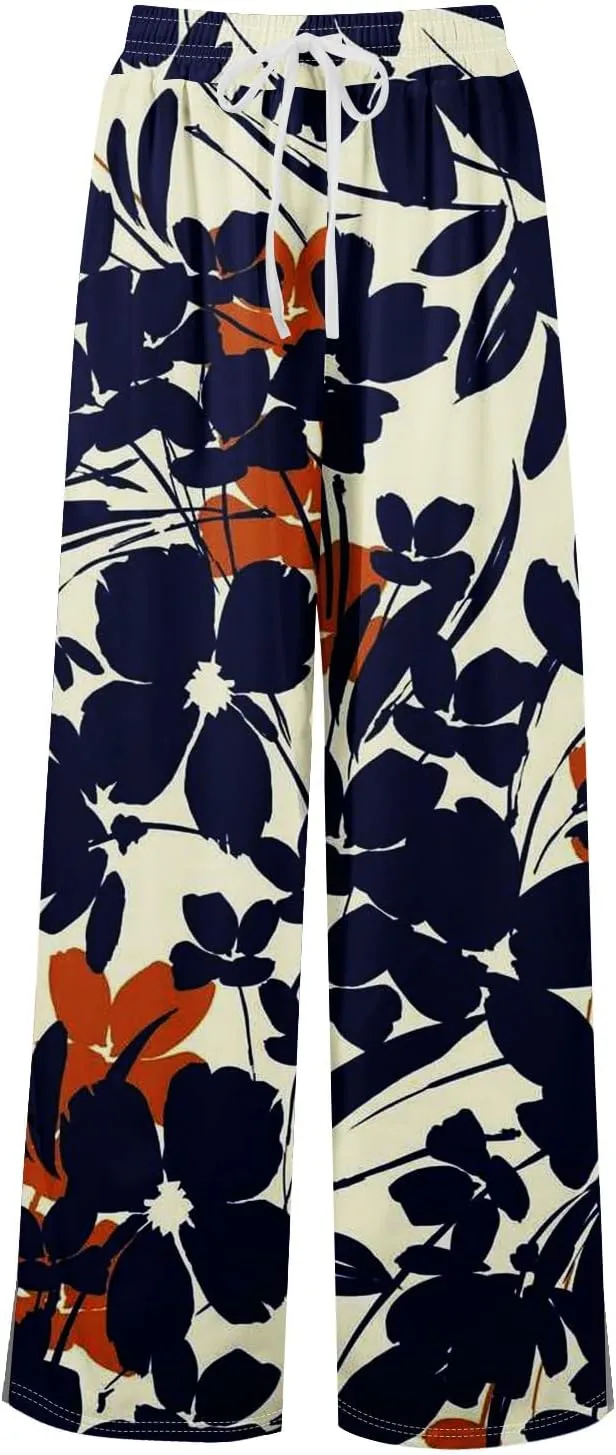 Women's Palazzo Pants Wide Leg Loose Floral Lounge Pants Boho Beach Drawstring Slacks with Pockets