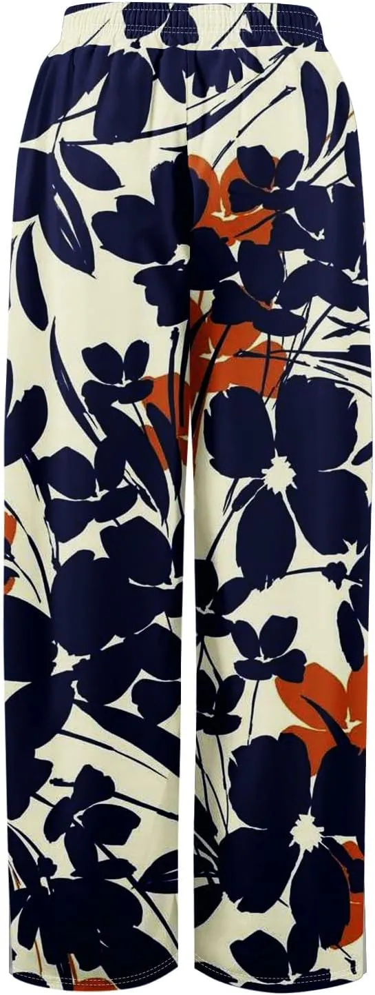 Women's Palazzo Pants Wide Leg Loose Floral Lounge Pants Boho Beach Drawstring Slacks with Pockets