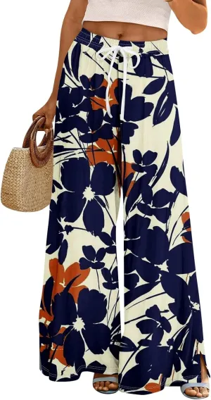 Women's Palazzo Pants Wide Leg Loose Floral Lounge Pants Boho Beach Drawstring Slacks with Pockets