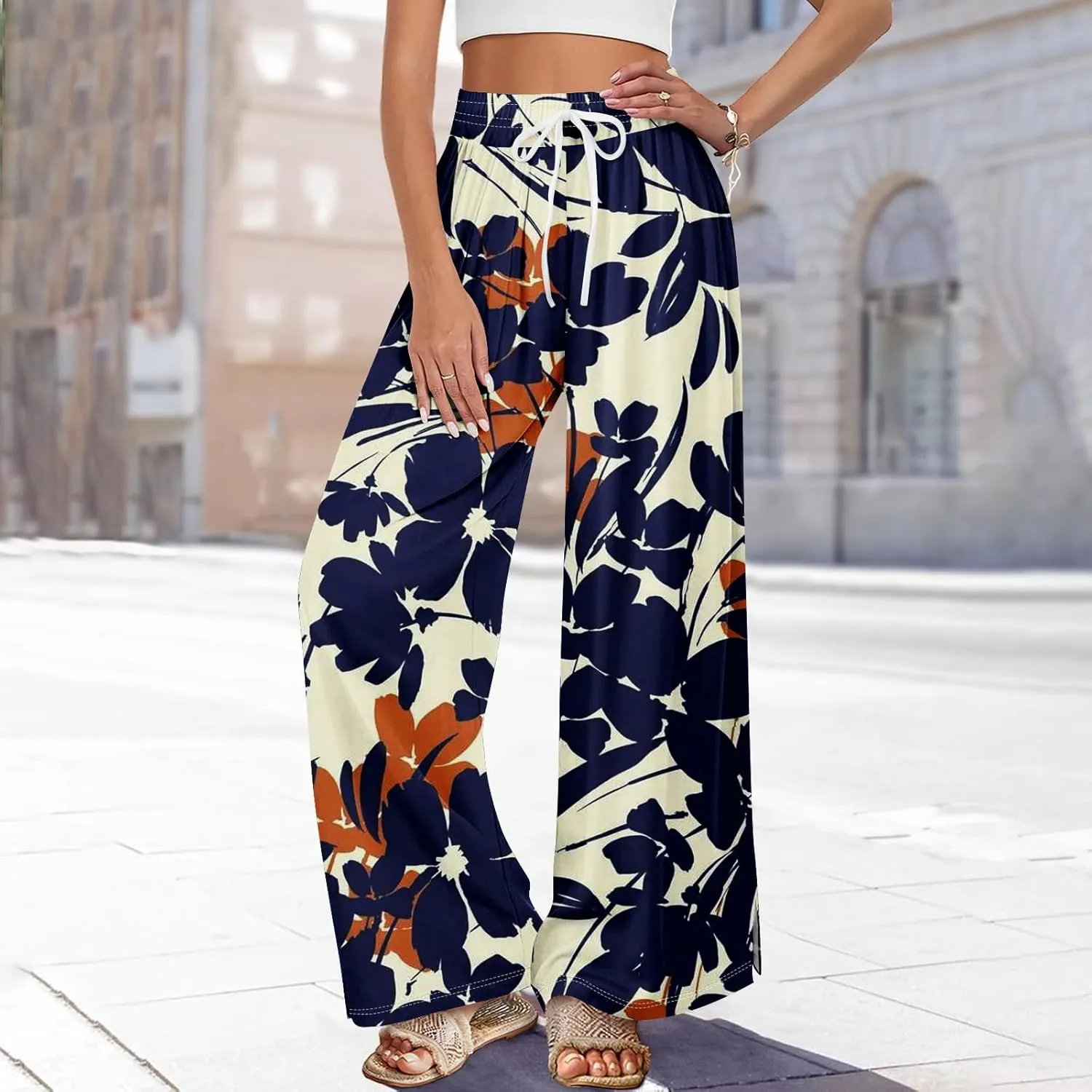 Women's Palazzo Pants Wide Leg Loose Floral Lounge Pants Boho Beach Drawstring Slacks with Pockets