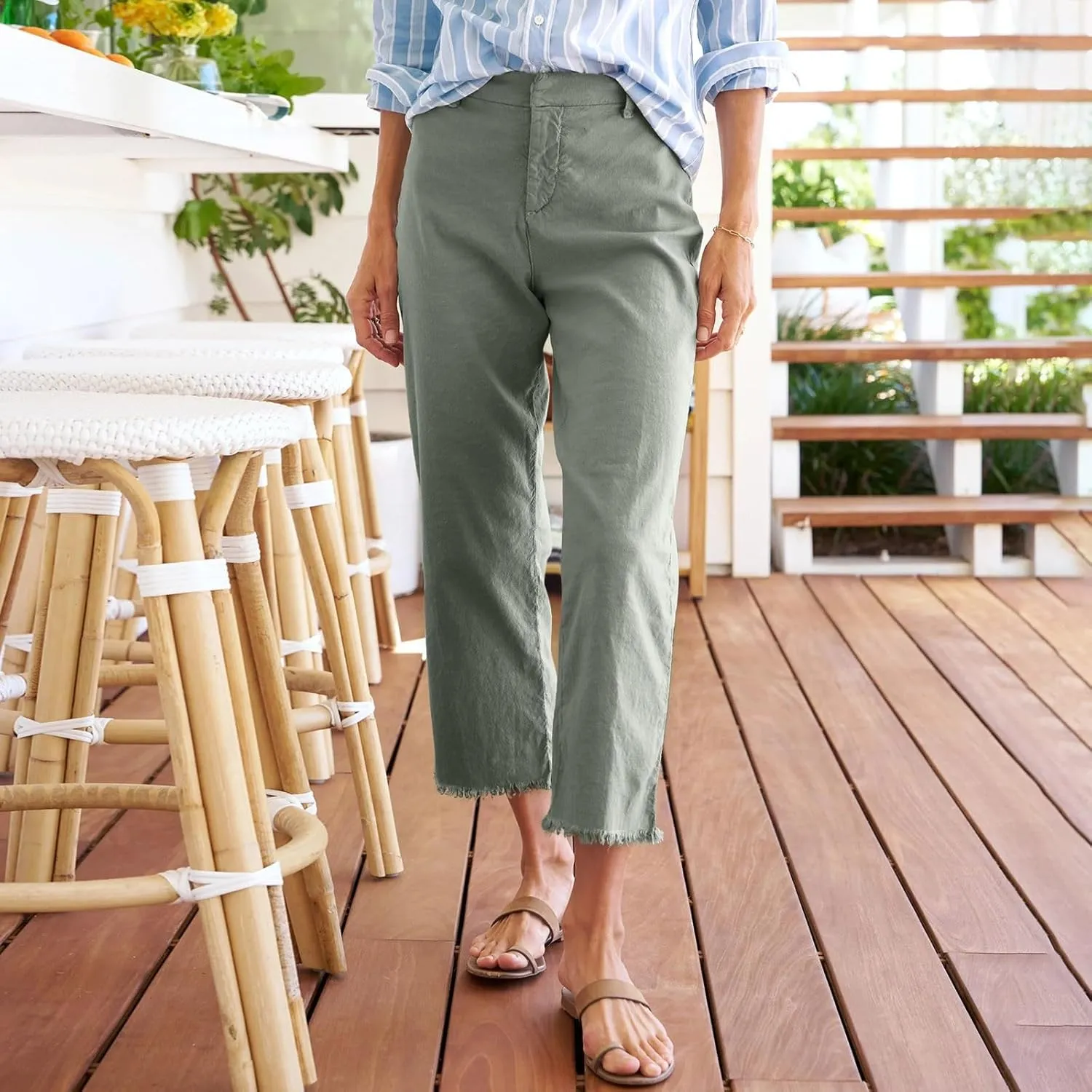 Womens Pants, Casual Pants Linen Peasant Straight Leg Stripe Cotton Trendy Print