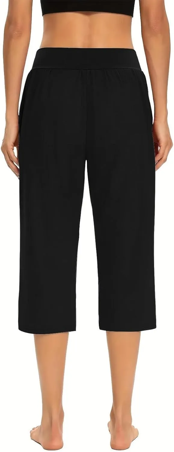 Women's Pants, High Waist Capri Pants with Pockets Wide Leg Cropped Casual