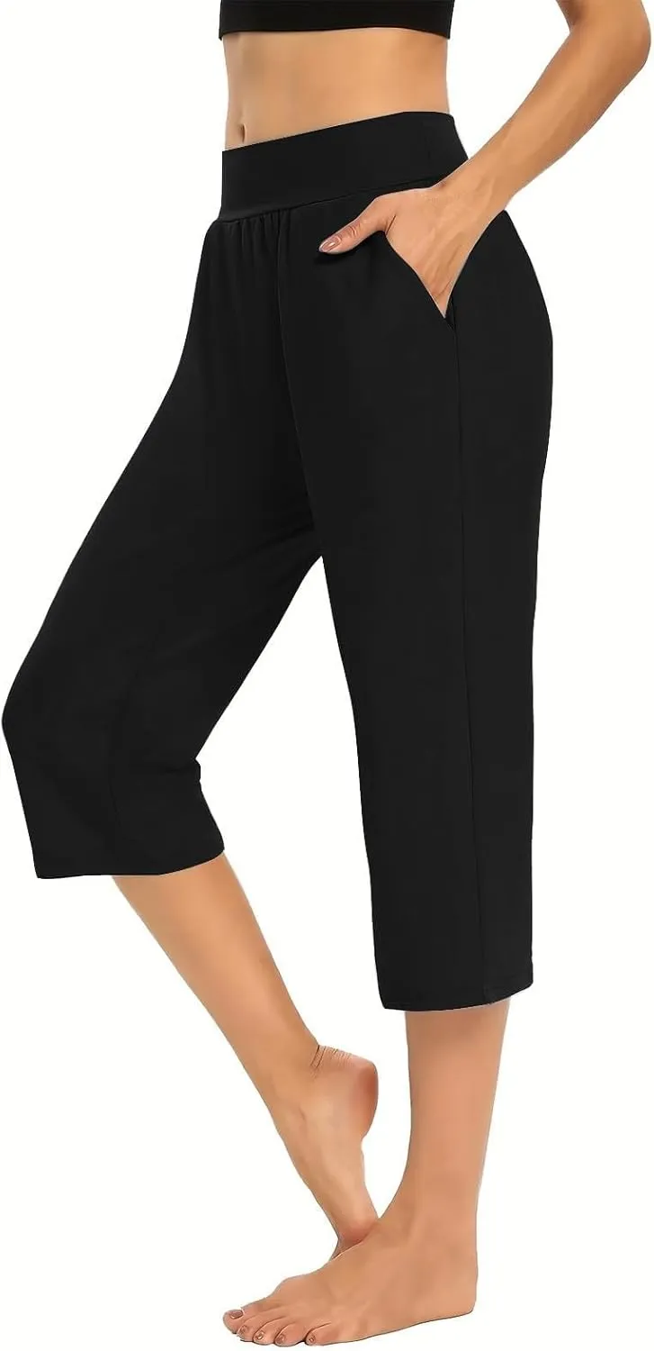 Women's Pants, High Waist Capri Pants with Pockets Wide Leg Cropped Casual