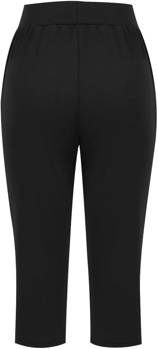 Women's Pants, High Waist Capri Pants with Pockets Wide Leg Cropped Casual