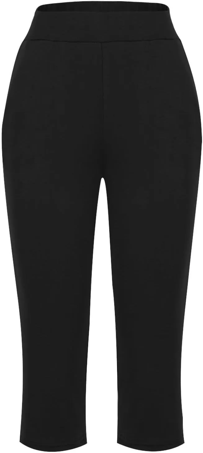 Women's Pants, High Waist Capri Pants with Pockets Wide Leg Cropped Casual