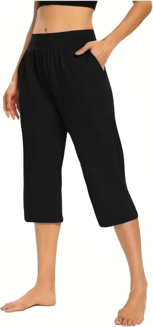 Women's Pants, High Waist Capri Pants with Pockets Wide Leg Cropped Casual