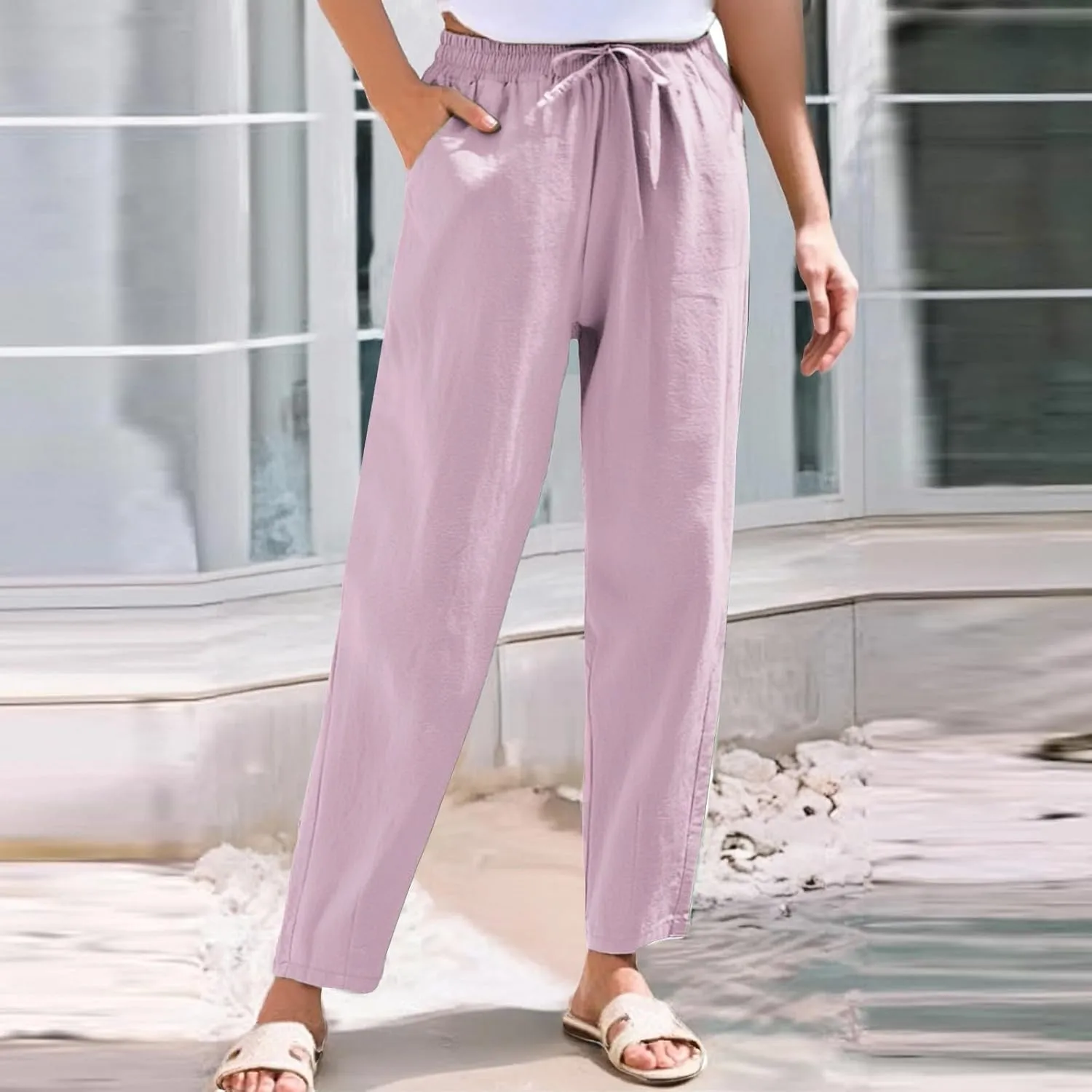 Women's Pants, Straight Leg Casual Everyday Linen Peasant Pants Sweatpants Lounge Plus