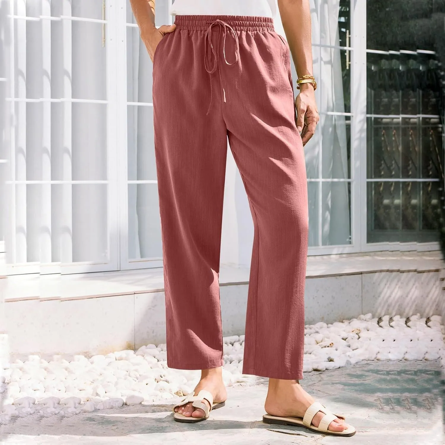 Womens Pants, Straight Leg Plaid Casual Pants Linen Peasant Teacher Trendy Lounge