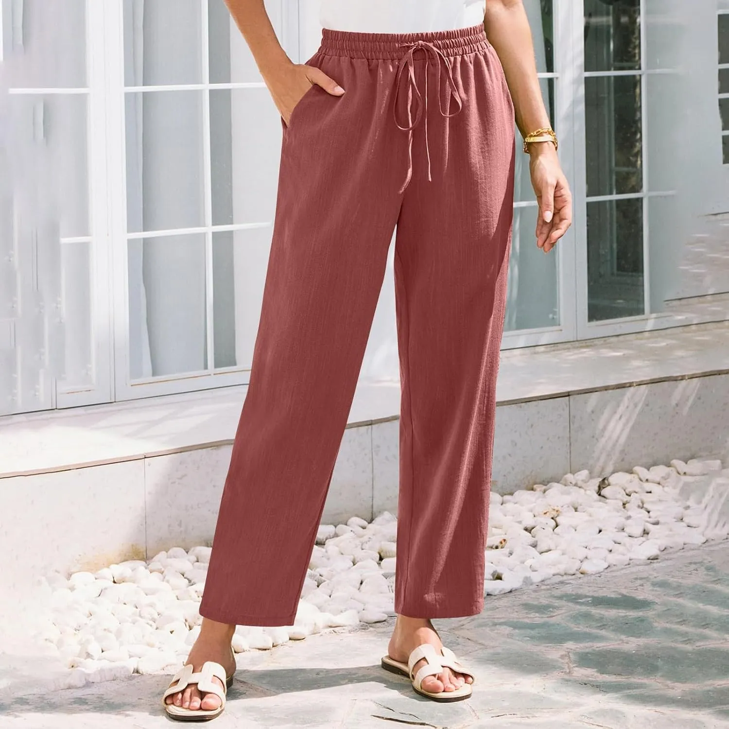 Womens Pants, Straight Leg Plaid Casual Pants Linen Peasant Teacher Trendy Lounge