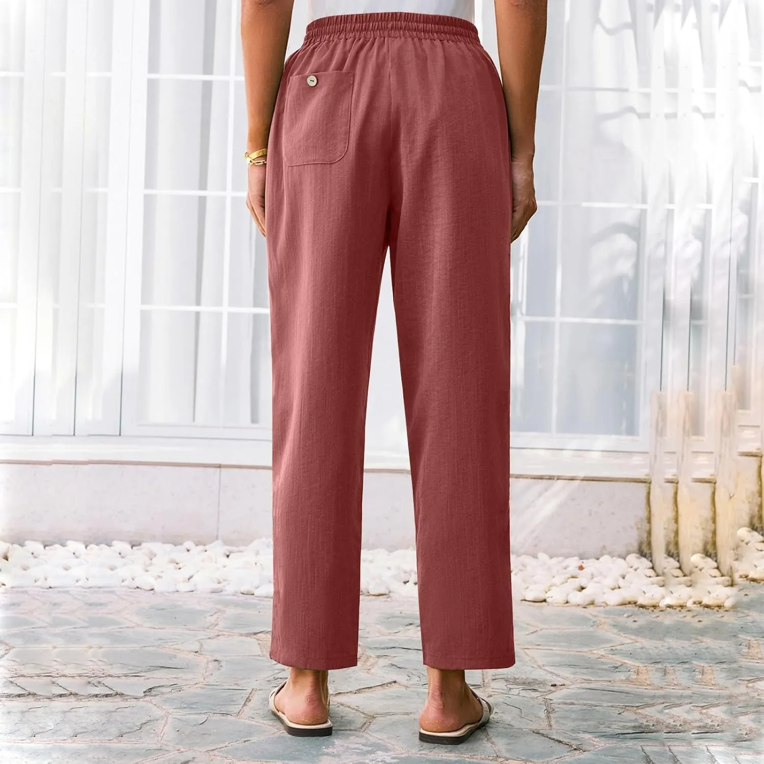 Womens Pants, Straight Leg Plaid Casual Pants Linen Peasant Teacher Trendy Lounge