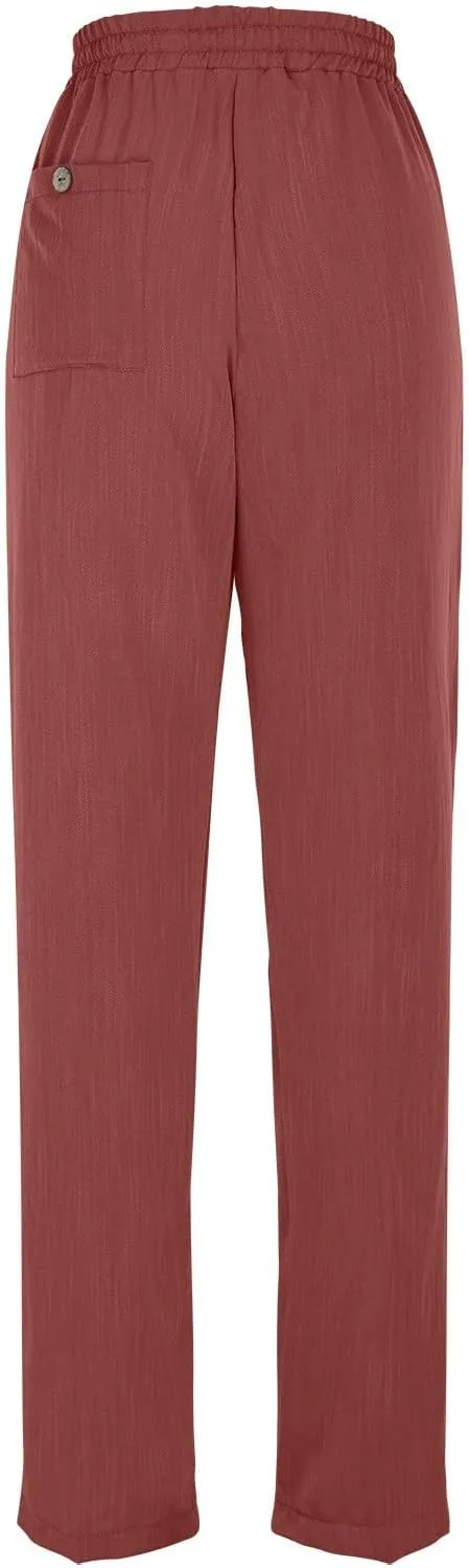 Womens Pants, Straight Leg Plaid Casual Pants Linen Peasant Teacher Trendy Lounge