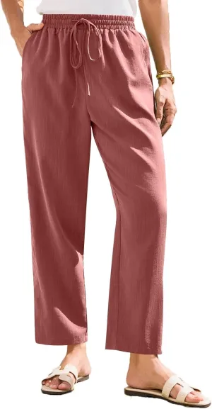 Womens Pants, Straight Leg Plaid Casual Pants Linen Peasant Teacher Trendy Lounge