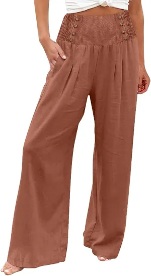 Womens Pants Summer Cotton Linen Wide Leg Pants Loose Palazzo Trouser Elastic Waist Pocket Button Casual Sweatpants