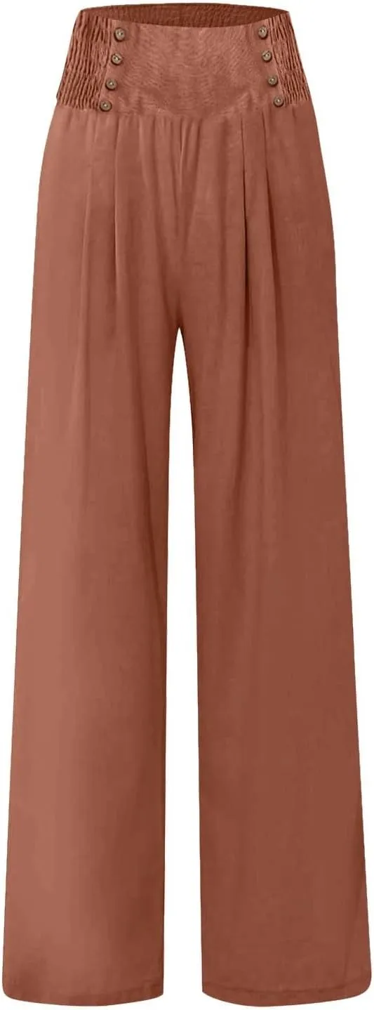 Womens Pants Summer Cotton Linen Wide Leg Pants Loose Palazzo Trouser Elastic Waist Pocket Button Casual Sweatpants