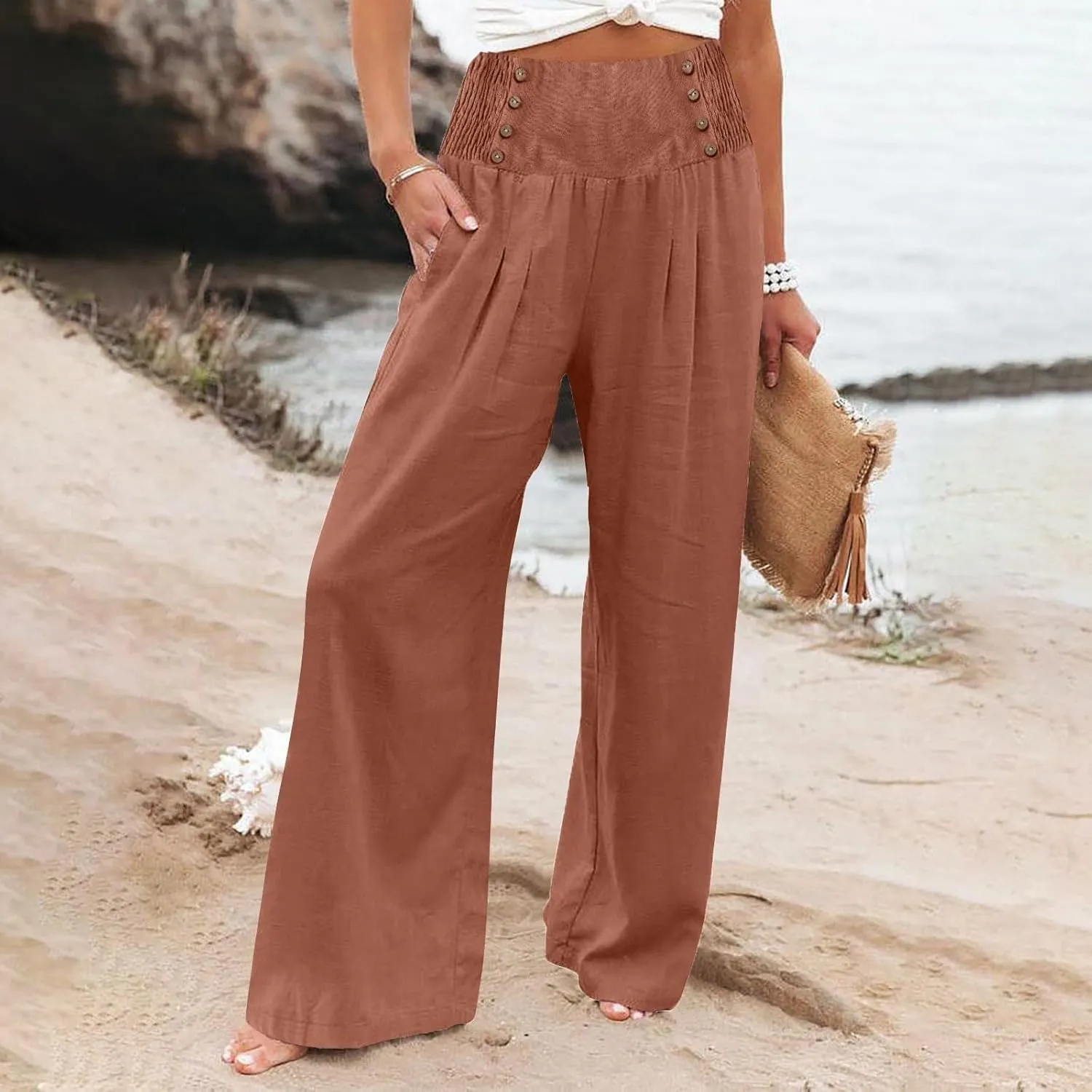 Womens Pants Summer Cotton Linen Wide Leg Pants Loose Palazzo Trouser Elastic Waist Pocket Button Casual Sweatpants